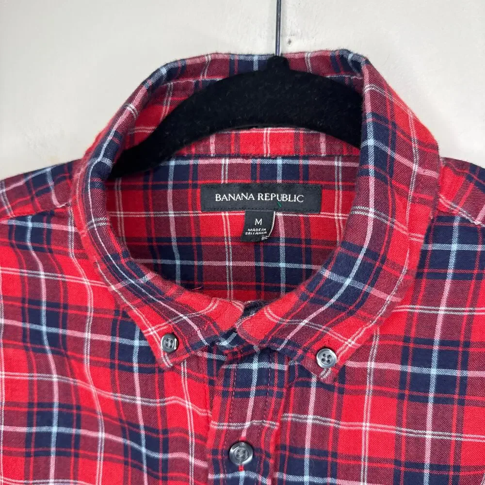 Banana Republic Men's Red Blue Plaid Button Down Cotton Shirt Medium Lined‎